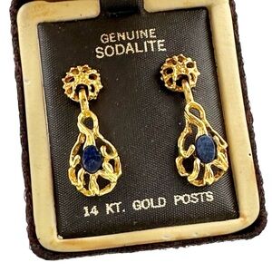 Vintage Genuine Sodalite 14K Gold Post Drop Earrings